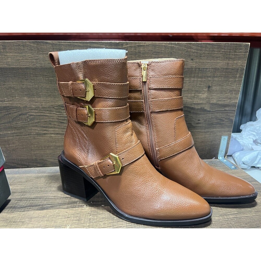 Vince Camuto Kempreea Leather Buckle Mid-Shaft Boots Cocoa Biscuit 8.5M New